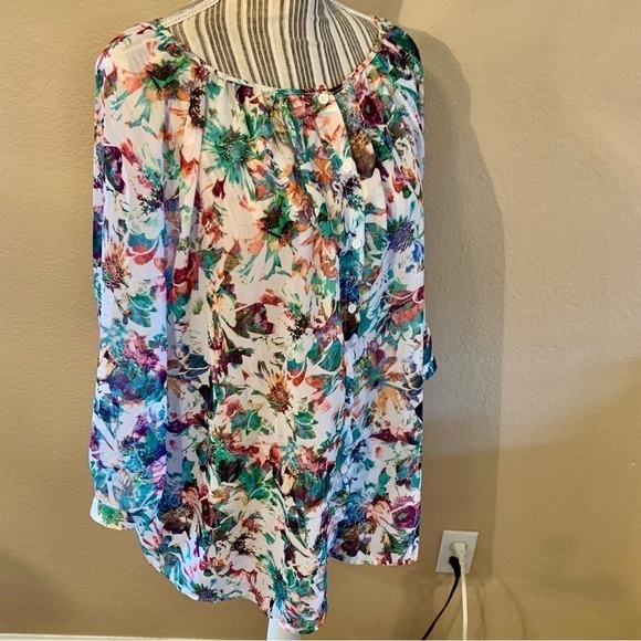 Apt 9 Blouse 1X White Floral Purple Green Orange Pink Semi Sheer Dressy - Picture 6 of 14